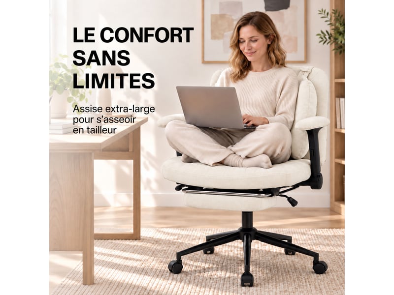  Fauteuil de bureau ergonomique en tissu respirant, coussin lombaire gonflable réglable, assise large pour s’asseoir, beige  - Conforama E