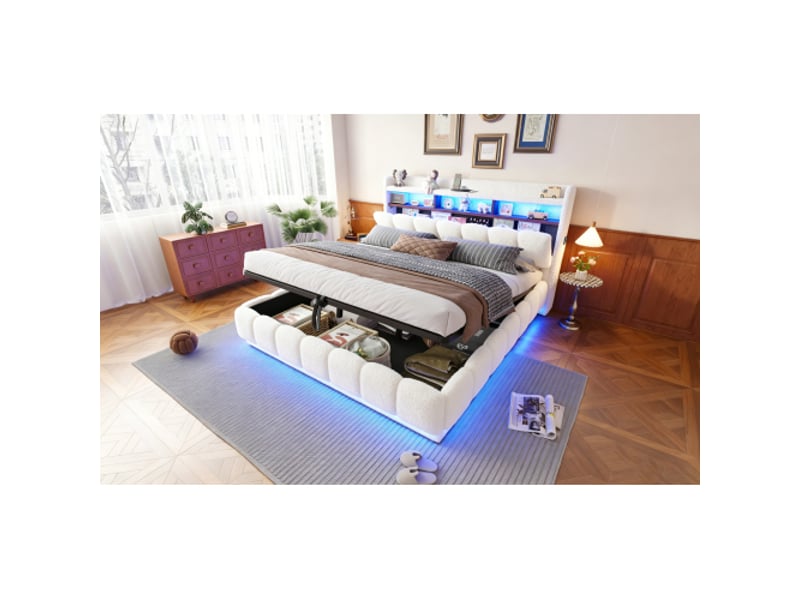  Lit capitonné 180x200 avec rangement hydraulique, fourrure d'agneau, led et usb, sommier métallique, grand espace, blanc  - Conforama D