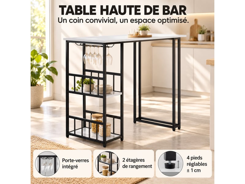  Gavin table haute de bar acier, étagères &amp; porte-verre blanc  - Conforama B