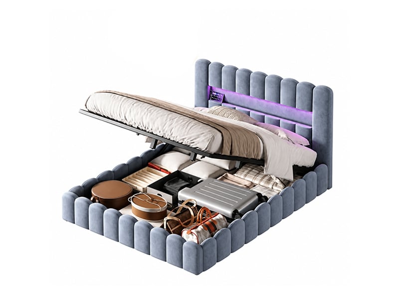  Lit à bulles rembourré 180 x 200 cm, lit hydraulique avec espace de rangement et sommier à lattes, lit double avec éclairage led et ports usb, velours, gris 240309SM0106#ADLyeHWPLQDELLM - Conforama A