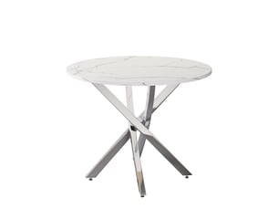 Table à manger ronde blanc+argent 80x80x75 cm, effet marbre, pieds argentés, style moderne minimaliste