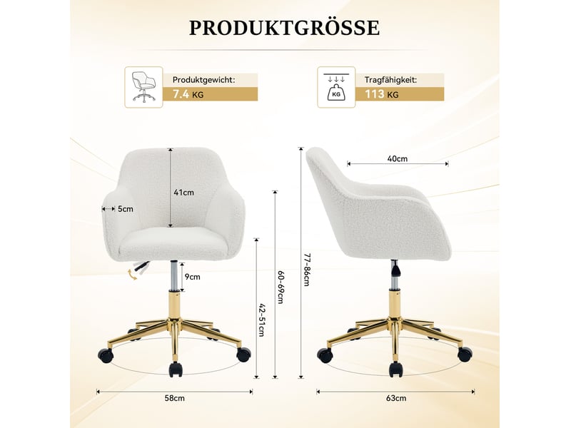  Chaise de bureau pivotante en tissu bouclette blanc, réglable en hauteur, base dorée et rotation 360°  - Conforama C