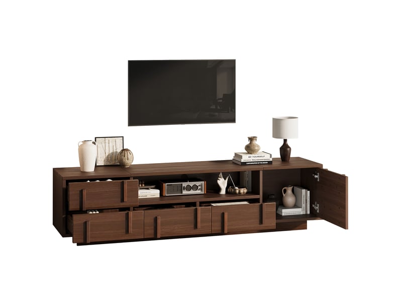  Meuble tv 180 cm en mdf bois foncé, 4 tiroirs et rangements ouverts, pour écran jusqu'à 75 pouces, salon  - Conforama A