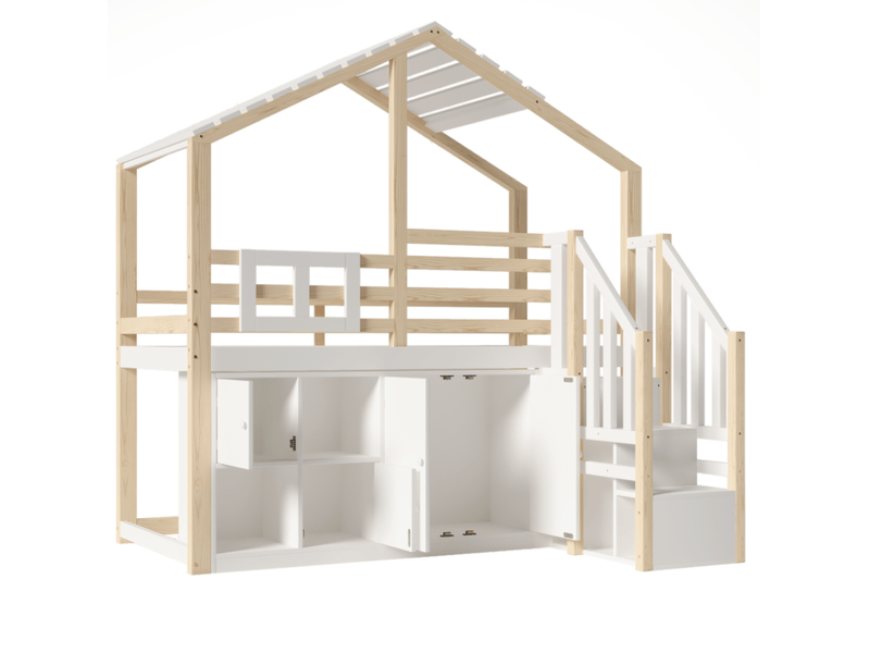  Lit mezzanine maison 90x200 cm avec rangement bois blanc et naturel sans matelas  - Conforama A
