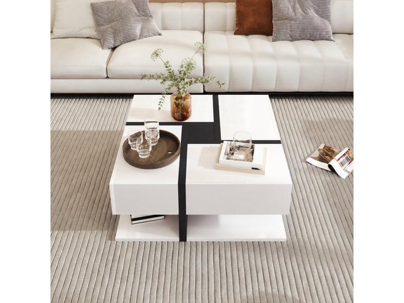  Table basse carrée noire et blanche brillante avec 4 tiroirs, 78 x 78 x 36 cm  - Conforama D