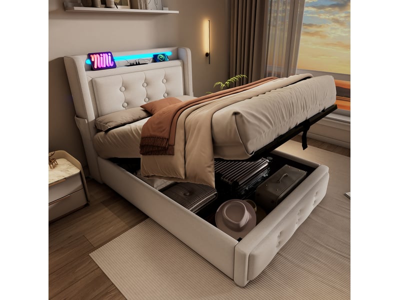  Lit rembourré 90 × 200 cm 1 place avec coffre, led réglable, usb et type-c, matelas inclus, beige  - Conforama C