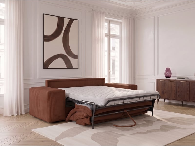  Bobochic canapé droit convertible ouverture express voltaire tissu velours côtelé orange 140x200 VOLTAIRE - Conforama C