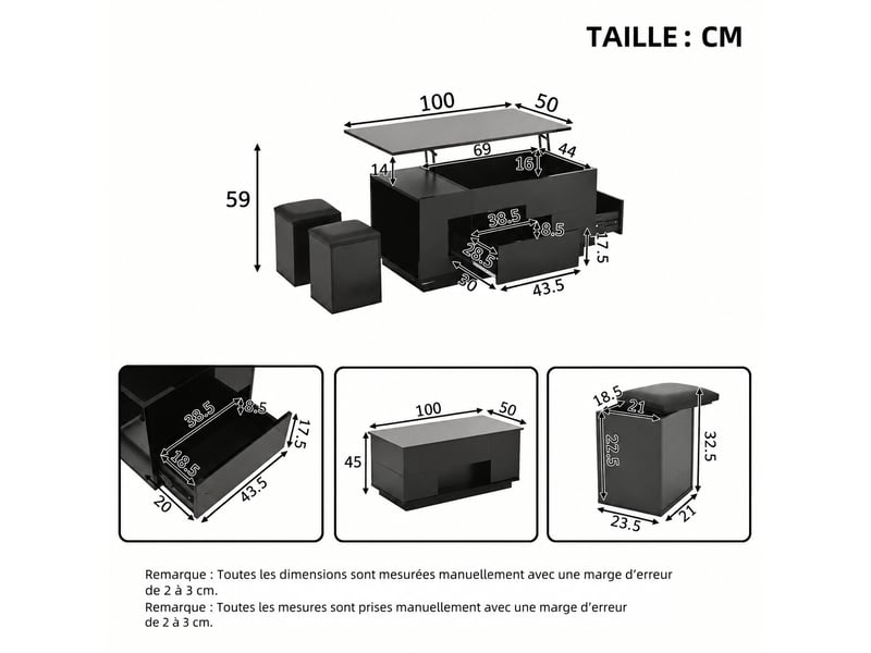  Table basse relevable noire 4 en 1, led, 2 tiroirs et 2 poufs, 100 x 50 cm, noir  - Conforama E