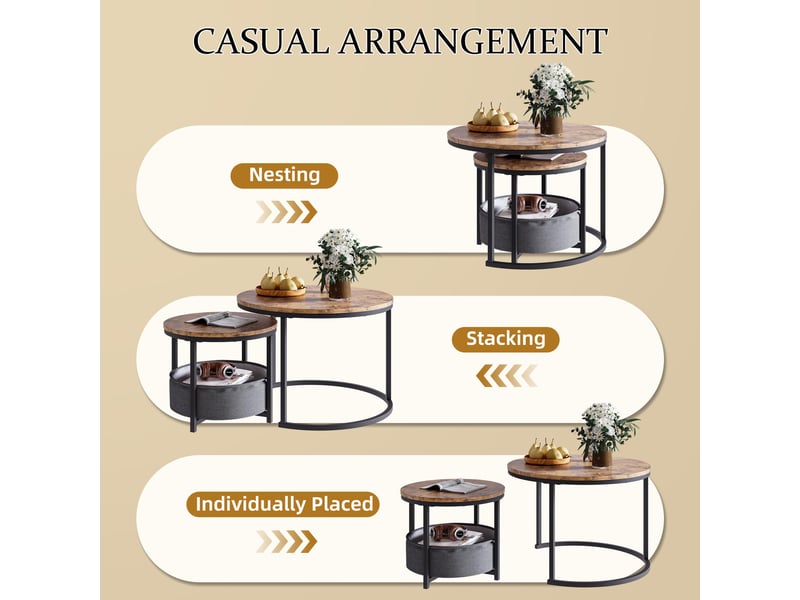  Tables basses gigognes avec 2 pièces et sac de rangement, style industriel, pour salon, en métal, brun antique  - Conforama E