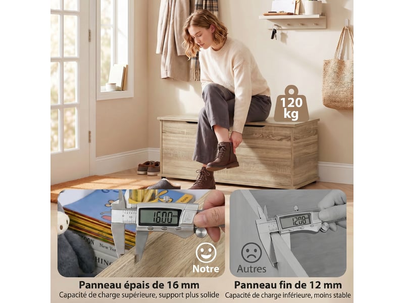  Coffre de rangement, banc de rangement avec couvercle rabattable et charnières de sécurité, naturel, 100 x 40 x 40 cm  - Conforama R