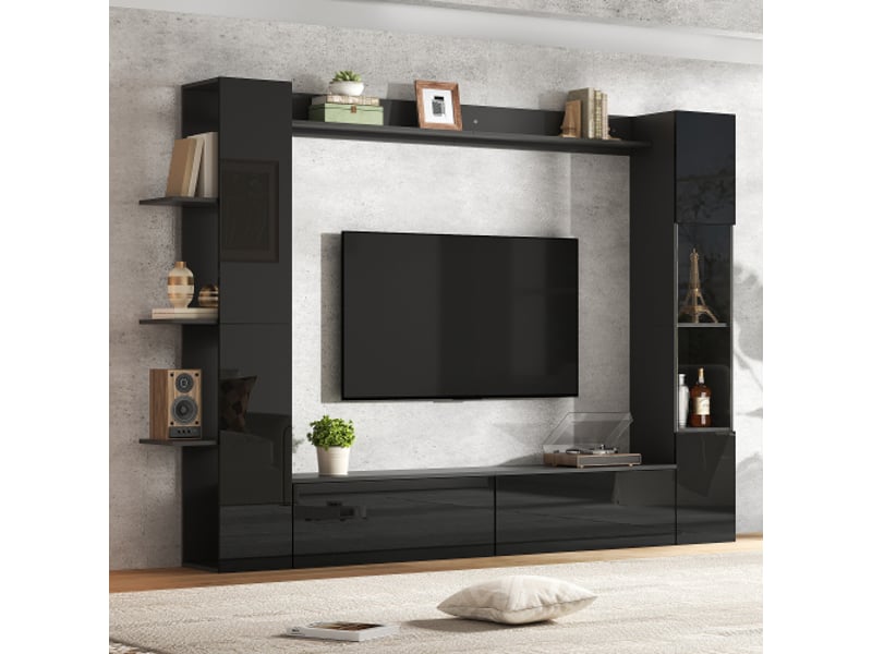  Ensemble de meuble tv mural noir 245x30x170 cm avec 2 portes abattantes, étagères et porte acrylique  - Conforama B