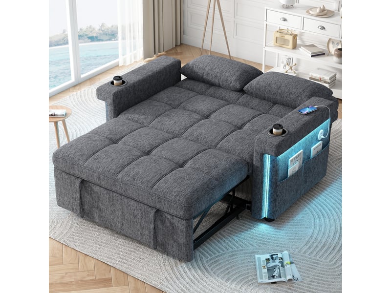  Canapé convertible 2 places tissu chenille gris avec éclairage led et ports usb  - Conforama E