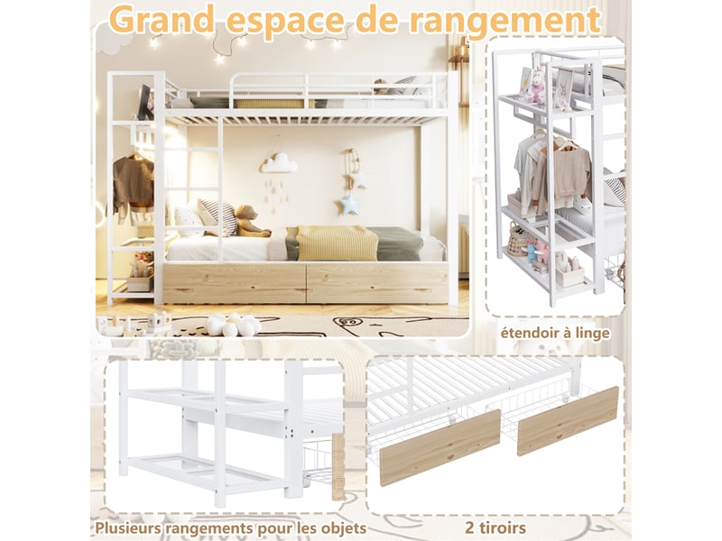  Lit superposé 90 x 200 cm avec rangements intégrés, éclairage led, rangement pour vêtements, en métal – blanc, matelas non inclus  - Conforama E