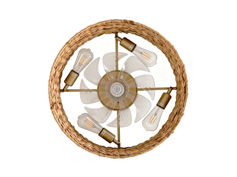  Ventilateur de plafond 50 cm en rotin et plastique cuivre, 6 vitesses, appli bluetooth et télécommande  - Conforama D