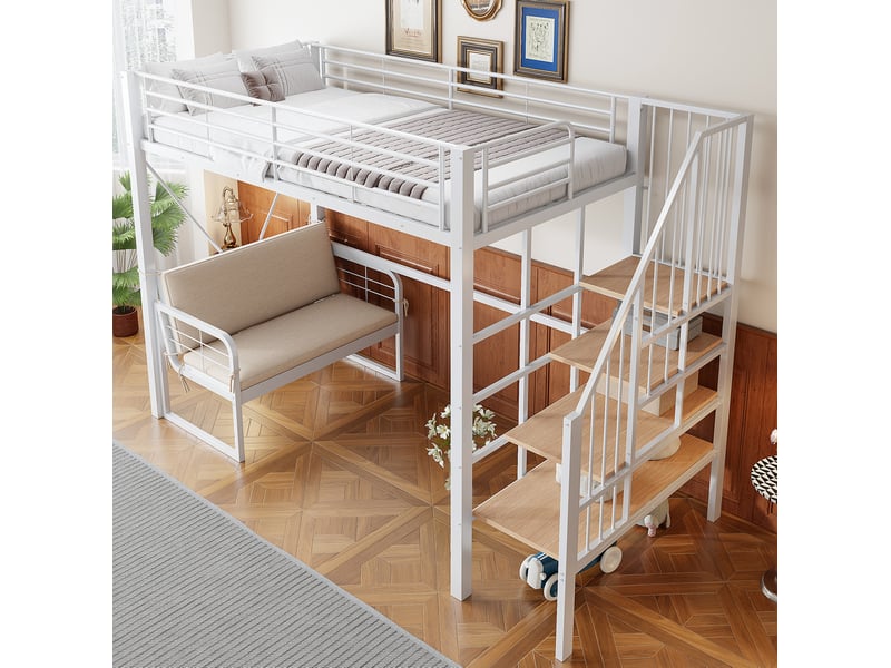 Lit superposé 90x200 cm en métal avec canapé amovible et escalier de rangement - Conforama E