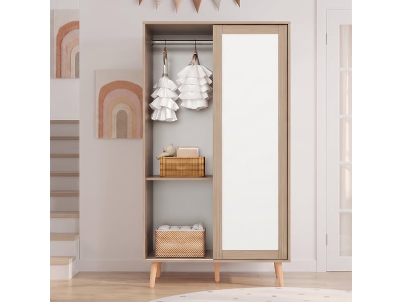  Armoire à portes coulissantes enfant 80 x 46 x 141,5 cm blanc bois naturel deux penderies pieds massif  - Conforama B