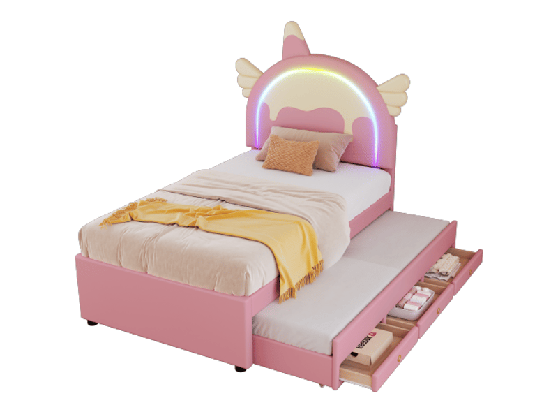  Lit enfant 90x200 cm, lit simple avec lit gigogne et tiroirs sous le lit, en cuir artificiel, rose, sans matelas  - Conforama A