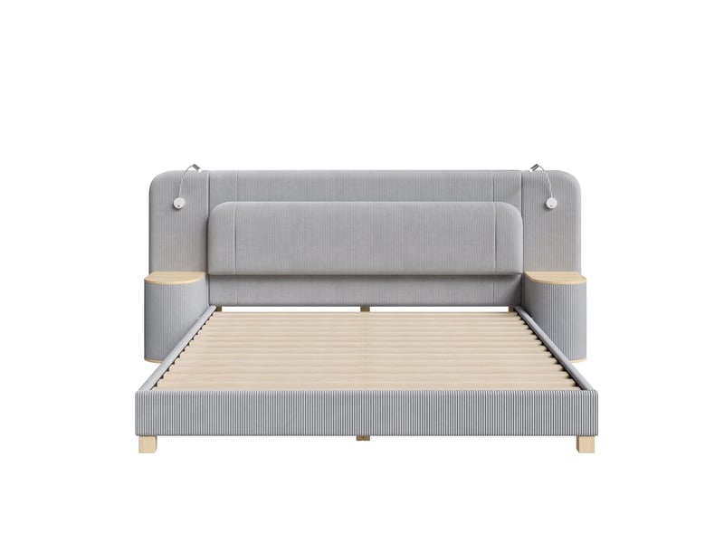  Lit double 180 × 200 cm, grand tête de lit rembourrée en velours côtelé, avec lampes de chevet et deux tables de chevet, couleur gris  - Conforama A