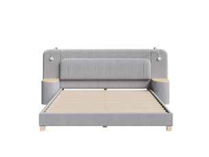 Lit double 180 × 200 cm, grand tête de lit rembourrée en velours côtelé, avec lampes de chevet et deux tables de chevet, couleur gris