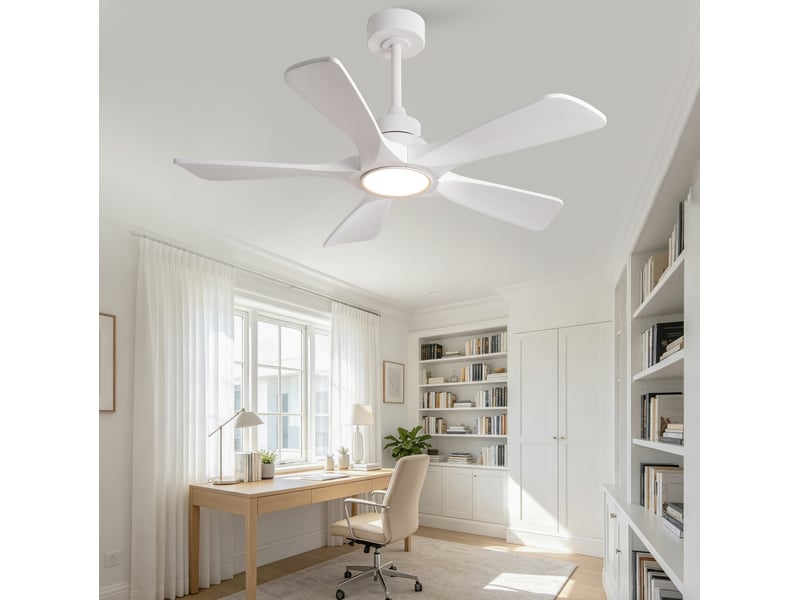  Ventilateur de plafond 42 pouces en blanc pur avec cinq pales en bois, télécommande sans fil, 3cct, dimmable, 6 vitesses avec mémoire hors tension  - Conforama B