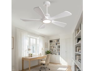Ventilateur de plafond led 106 cm blanc, 5 pales en bois, 6 vitesses avec télécommande et minuterie