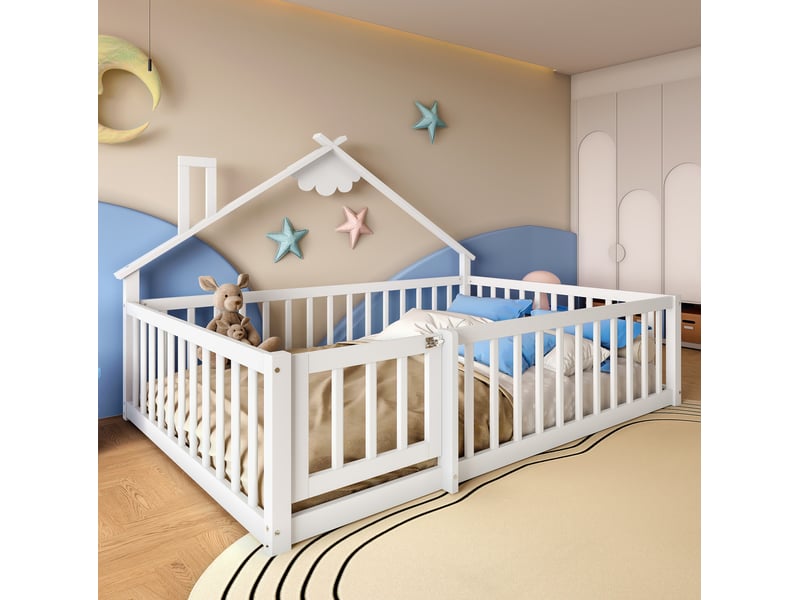 Lit enfant maison 140x190 cm, barrière 32 cm avec serrure, design cabane, montage facile, pin mdf, blanc, sans matelas - Conforama W