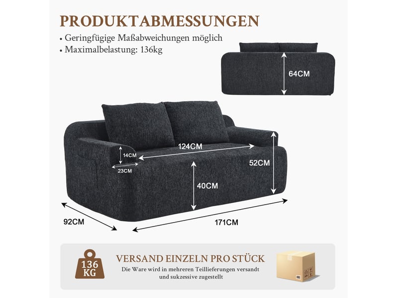  Canapé modulable 2 places, assise confortable, confort, matière tissu côtelé, garnissage mousse haute résilience, noir  - Conforama C