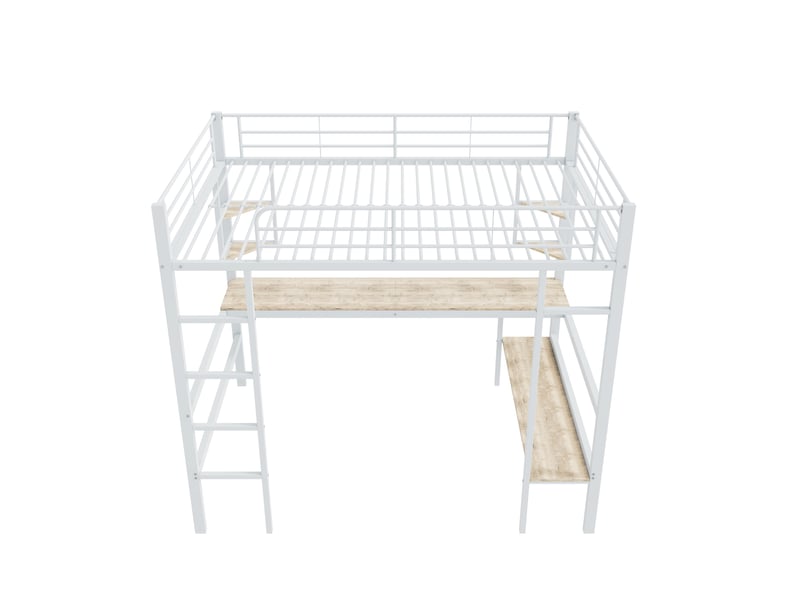 Lit mezzanine 90x200 cm avec étagères, structure acier, sommier, protection, métal + mdf, blanc, sans matelas - Conforama E