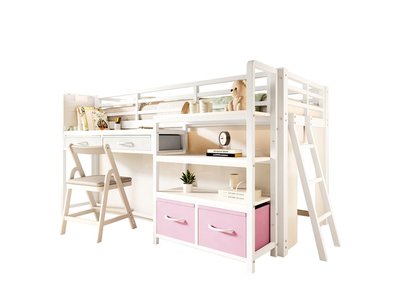 Lit mezzanine enfant 90x200 cm – blanc – bureau, étagères, tiroirs en tissu, led multicolore - sans matelas - Conforama A