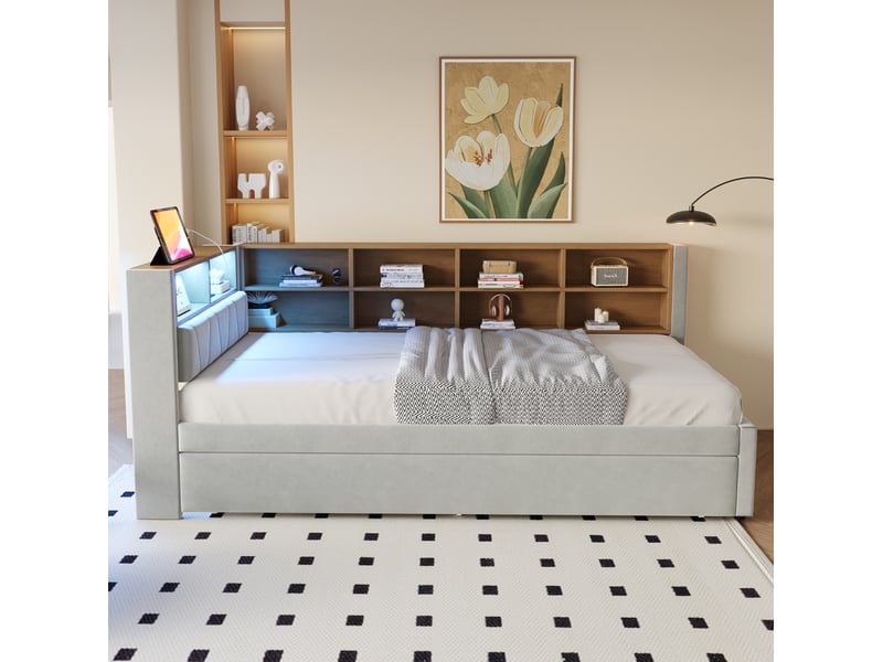  Lit gigogne 90x200 cm avec led, usb et type-c, flanelle gris clair  - Conforama C