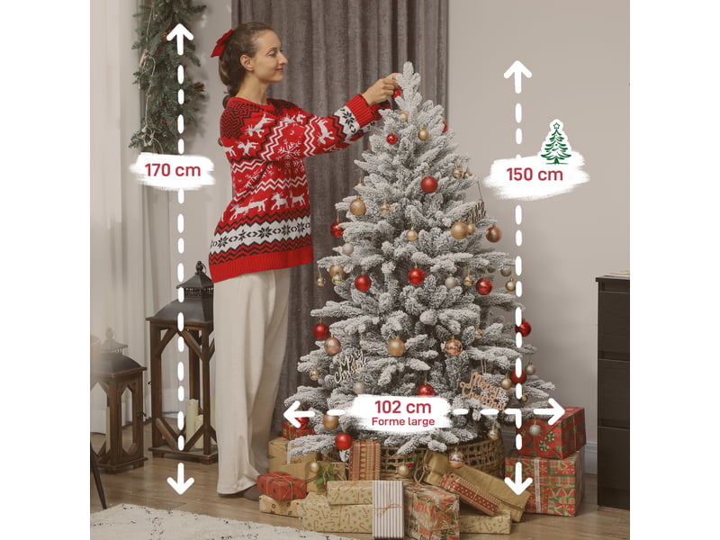  Sapin de noël artificiel floqué de neige 150 cm, arbre de noël avec 768 branche, support en métal pliable, vert  - Conforama C
