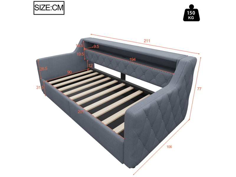  Lit de jour 90x200 cm en tissu lin gris avec rangement hydraulique et ports usbtype-c  - Conforama C