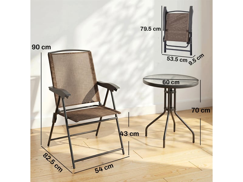  Ensemble de mobilier d'extérieur 3 pièces comprenant une table basse et deux chaises, pliable et réglable, en textilène marron.  - Conforama E