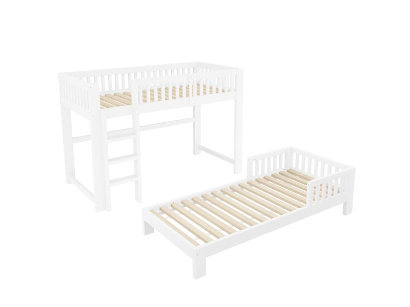 Lit enfant modulable 90×200 cm avec lit mezzanine et lit simple, blanc - Conforama E