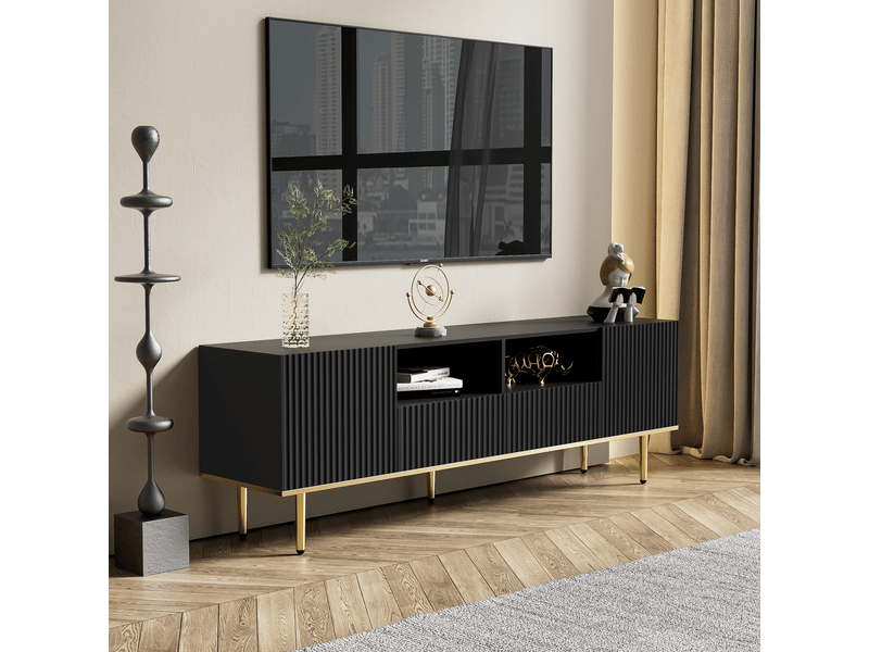  Meuble tv moderne avec bord doré,portes au design simple à rayures verticales,4 compartiments de rangement et 2 tiroirs,noir  - Conforama E