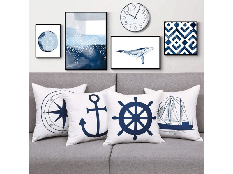  Lot de 4 housses de coussin nautique - ancre - navigation - boussole - 45 x 45 cm - style marin - blanc et bleu  - Conforama B