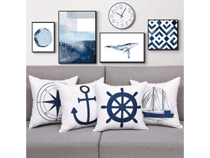 Lot de 4 housses de coussin nautique - ancre - navigation - boussole - 45 x 45 cm - style marin - blanc et bleu