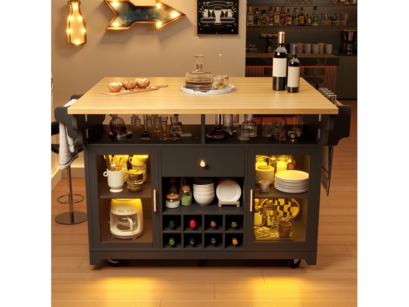  Desserte de cuisine mobile avec plateaux rabattables et led rgb homvra  - Conforama D