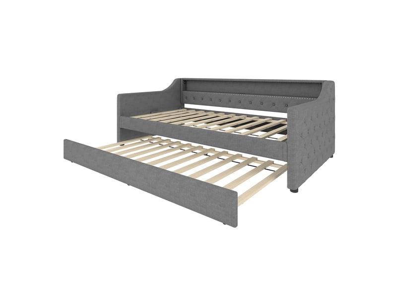  Lit banquette gris 90x200 cm avec lit gigogne, usb et led  - Conforama E