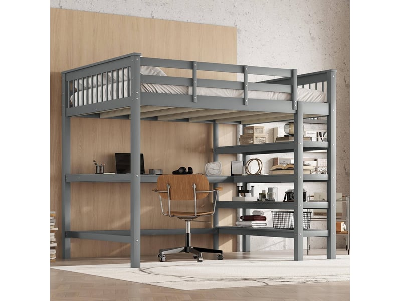  Lit mezzanine enfant 140x200 cm avec bureau et étagères coloris gris  - Conforama E