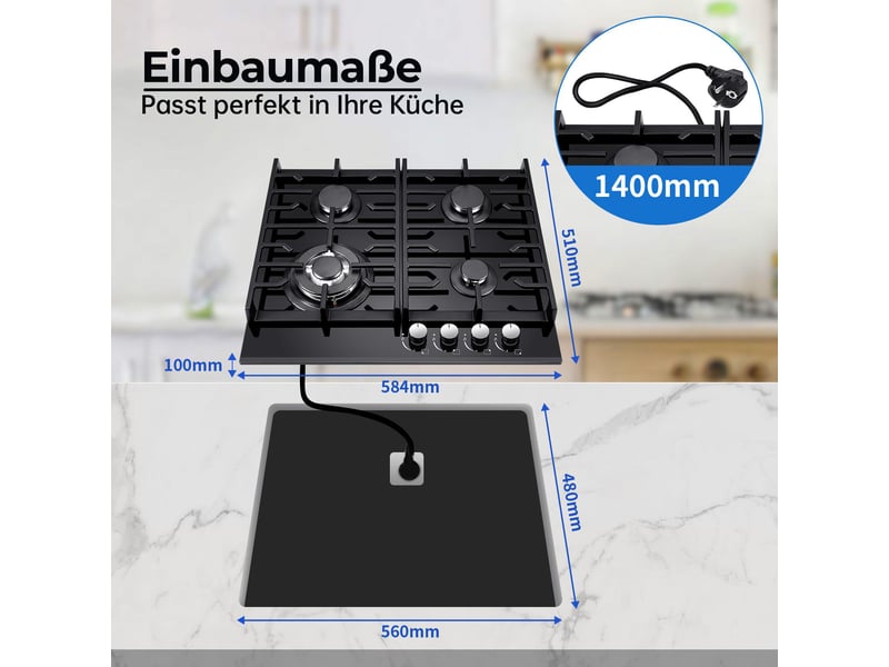  Plaque de cuisson gaz 4 feux, plaque gaz encastrable 60 cm en verre trempé noir, grilles en fonte, allumage électronique  - Conforama C