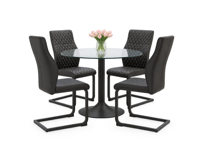 Ensemble table et chaises avec 1 table ronde et 4 chaises  - dossier haut - verre trempé, métal et pu - noir  - Conforama A
