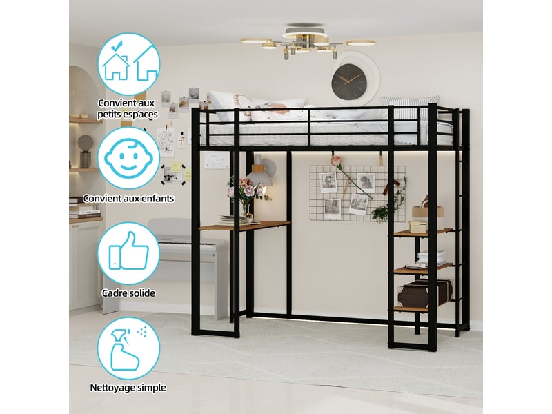  Lit mezzanine en fer 90×190 cm, bureau intégré, escalier et garde-corps, rangement sous couchage, à assembler  - Conforama E