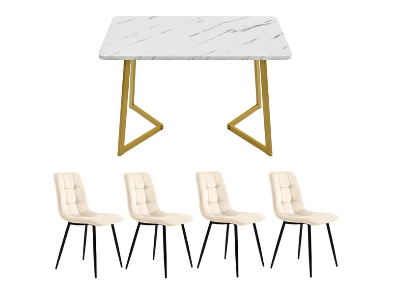  Table à manger rectangulaire avec 4 chaises, plateau effet marbre 117 cm, sièges en velours beige et pieds dorés  - Conforama E