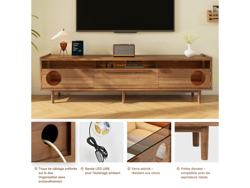  Meuble tv 180x40x50 cm avec éclairage led, niche intégrée et portes en verre trempé, mdf, finition noyer  - Conforama D