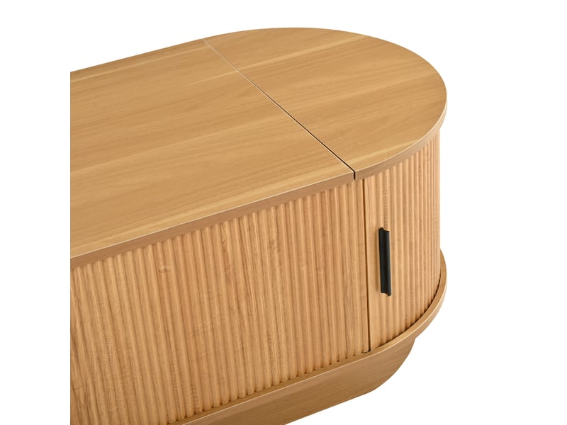  Table basse ovale avec plateau relevable et rangement à rideaux latéraux, mdf coloris bois, 110 x 50 x 42 cm  - Conforama E