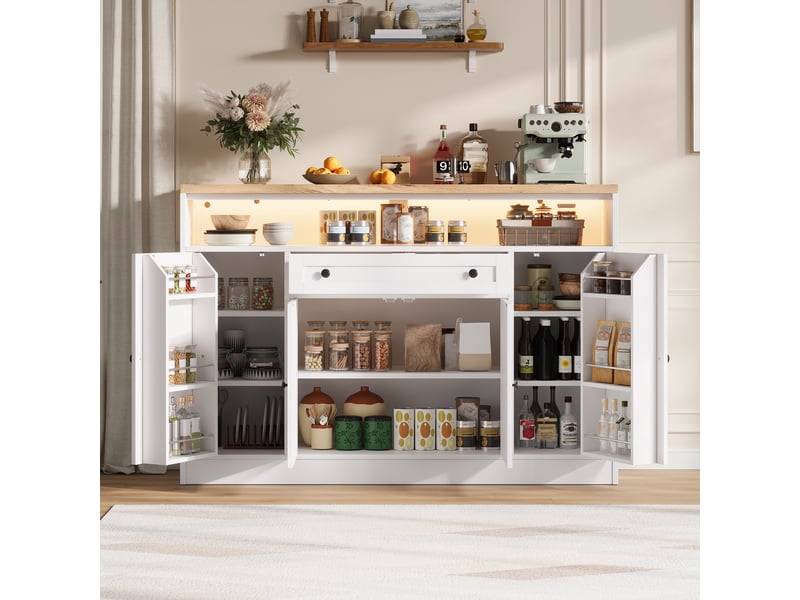 Buffet de cuisine rangement 140x35x95 cm - 4 portes style grange - led rvb avec application - tiroir et rangements de portes - mdf - blanc - Conforama D