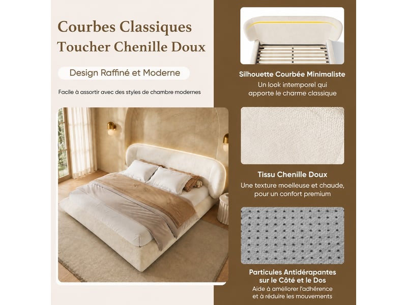  Lit double 160 x 200 cm, cadre de lit rembourré en chenille, beige  - Conforama D