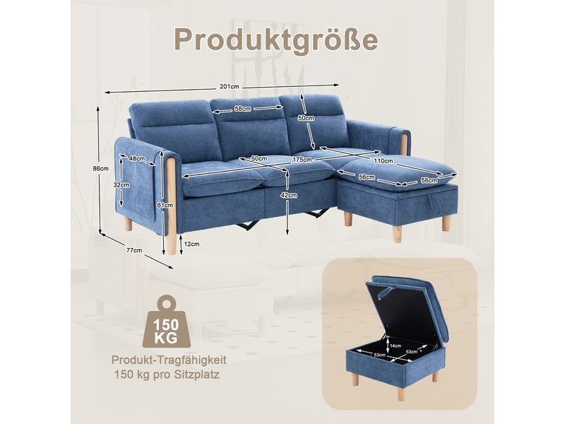  Canapé 3 places en chenille bleu avec coffre et poches latérales, structure en bois massif  - Conforama C