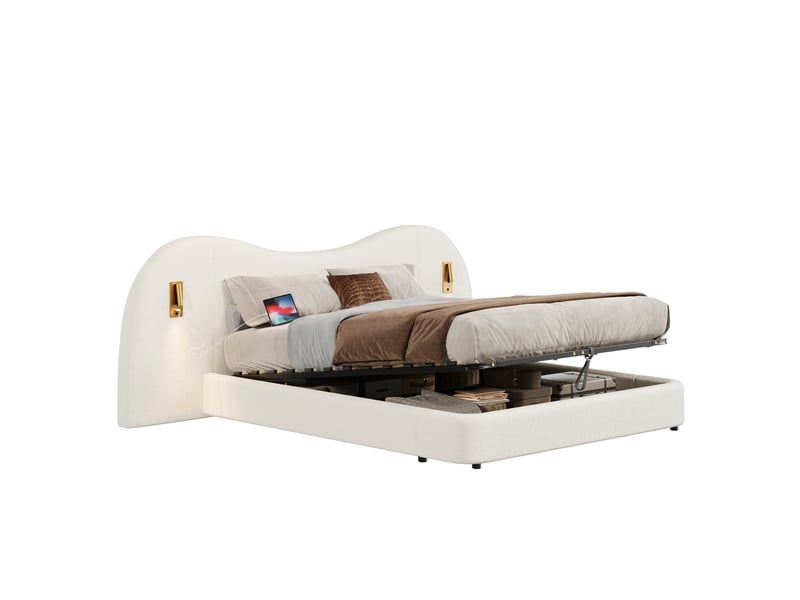 Lit coffre 2 places 180x200 cm avec usb et lampes de lecture bouclette blanc - Conforama A